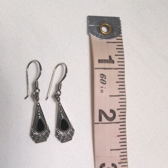 Sterling Silver Black Onyx Dangle Earrings - Picture 2 of 3